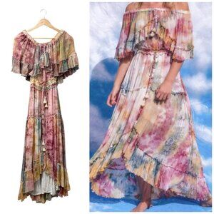 Fillyboo Santa Monica Tambourine Maxi Dress Off Shoulder Hi Low Hem, Size XS